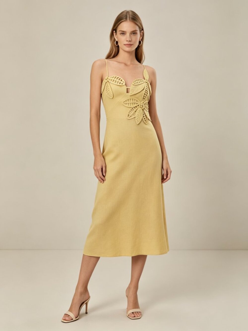 NWOT FARM RIO Linen Sand 3d Flower Midi Dress Size L